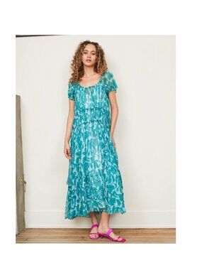 La Ligne Green/Ice Blue Silk Chiffon Print Dress S/M
